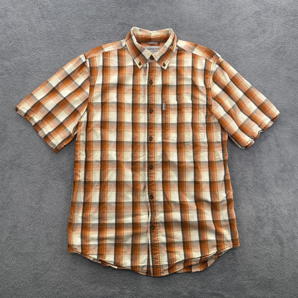 Carhartt Button Down Shirt Mens Medium Orange Plaid Relaxed Fit Short Sleeve